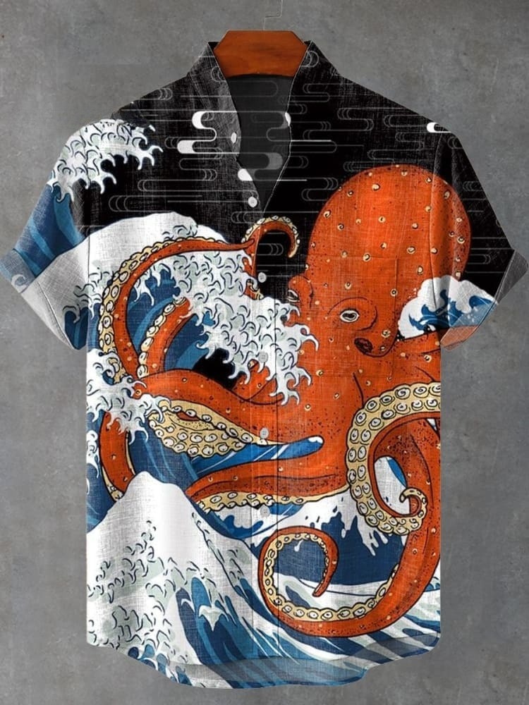 Vintage Japanese Art Ukiyoe Ocean Wave Octopus Print Casual Shirt
