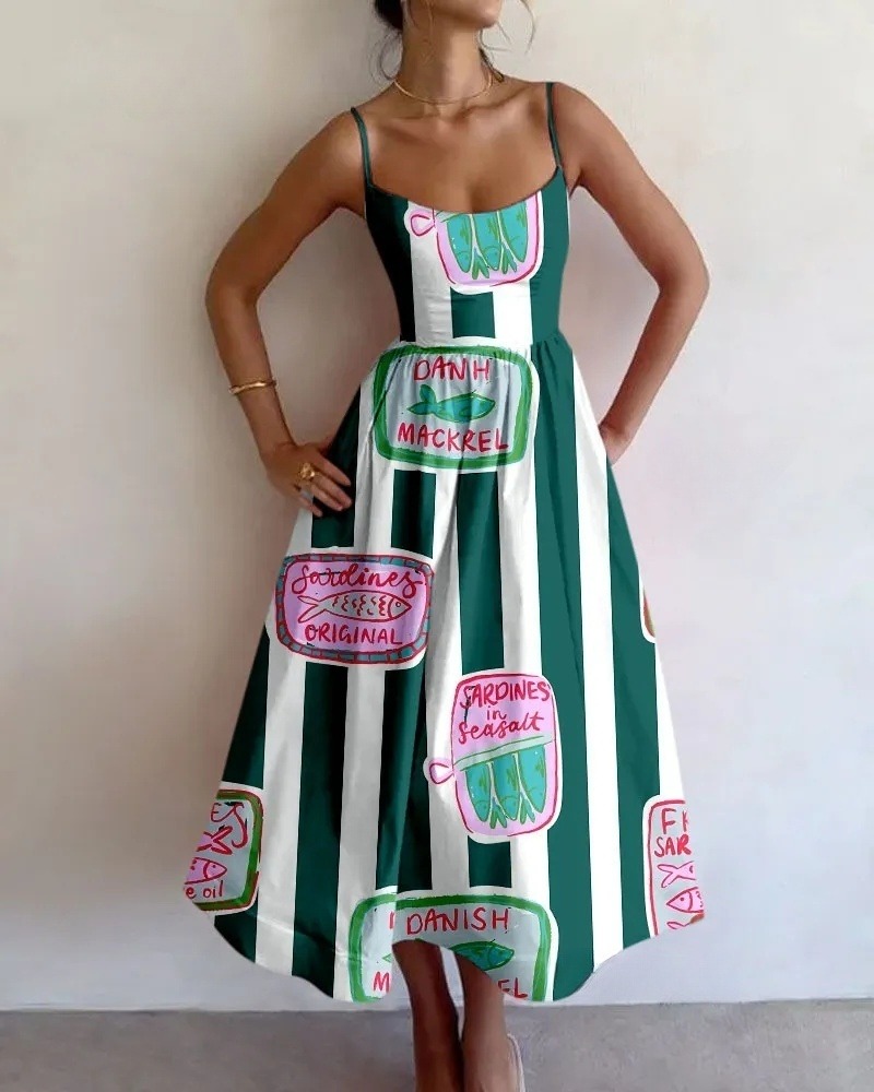 Retro Sardine Fish Streak Print Slip Dress