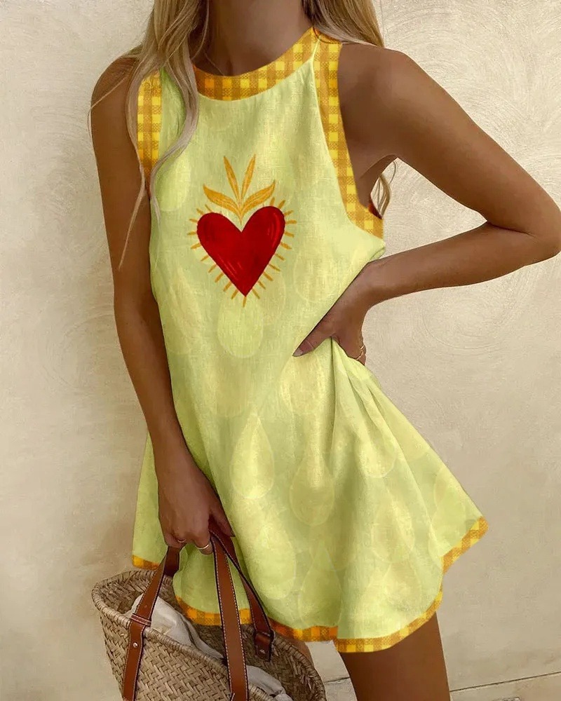 Yellow Plaid Leaf Heart Printed Dress