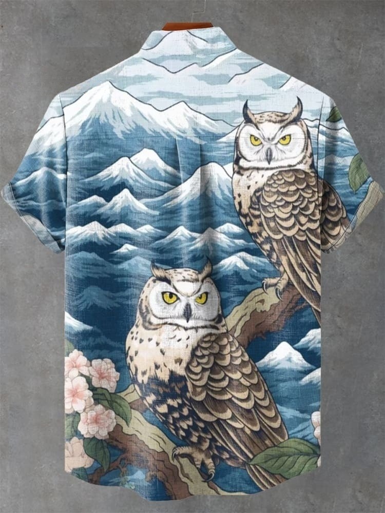 Vintage Japan Ukiyo-e Owl Art Print Casual Shirt