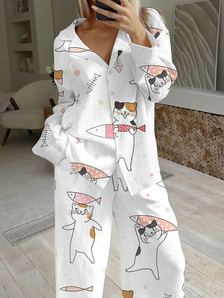 Women's Cute Cat Printed Casual Homewear Set