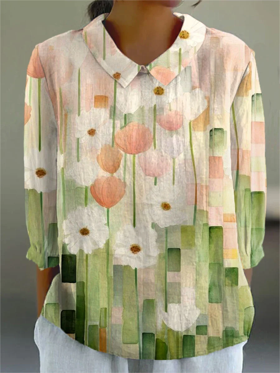 Women's Watercolor Flower Art Print Casual 3/4 Sleeve Shirt