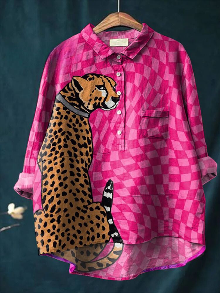 Cute Check Cheetah Print Cotton and Linen Long Sleeve Shirt