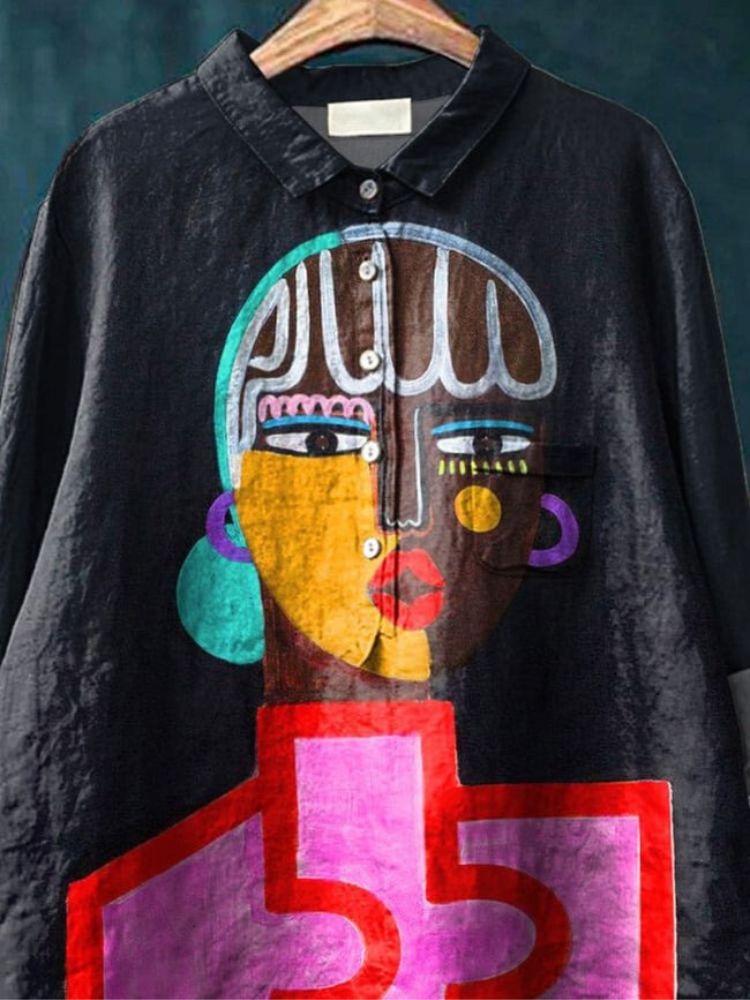 African Tribal Lady Portrait Art Printed Women's Casual Cotton And Linen Shirt