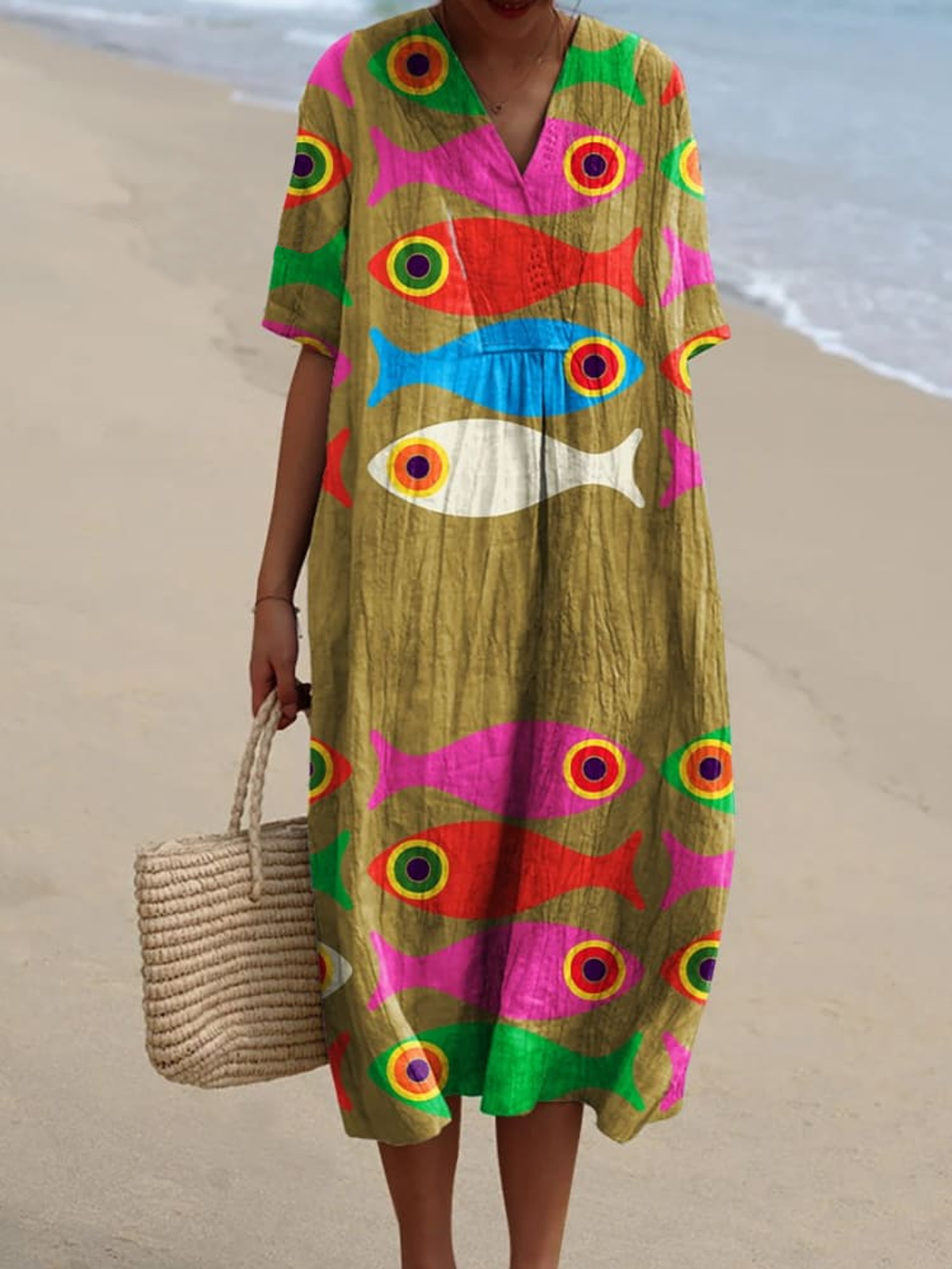 Women's Cute Colorful Bigeye Fish Watercolor Splash Fluid Art Print Flowy Dress