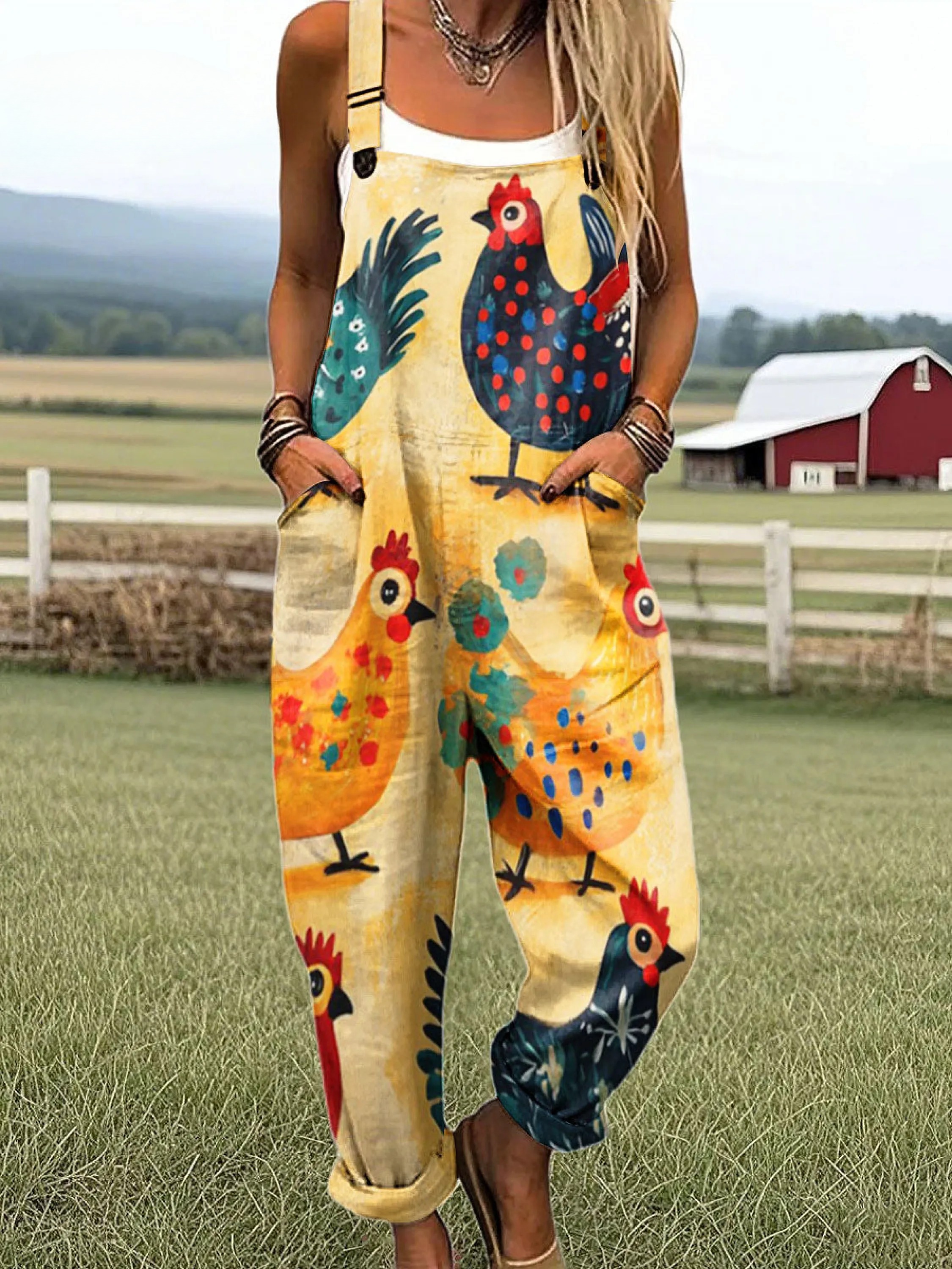 Women's Vintage Farm Animal Chicken Art Print Casual 100% Cotton Wide Leg Jumpsuit