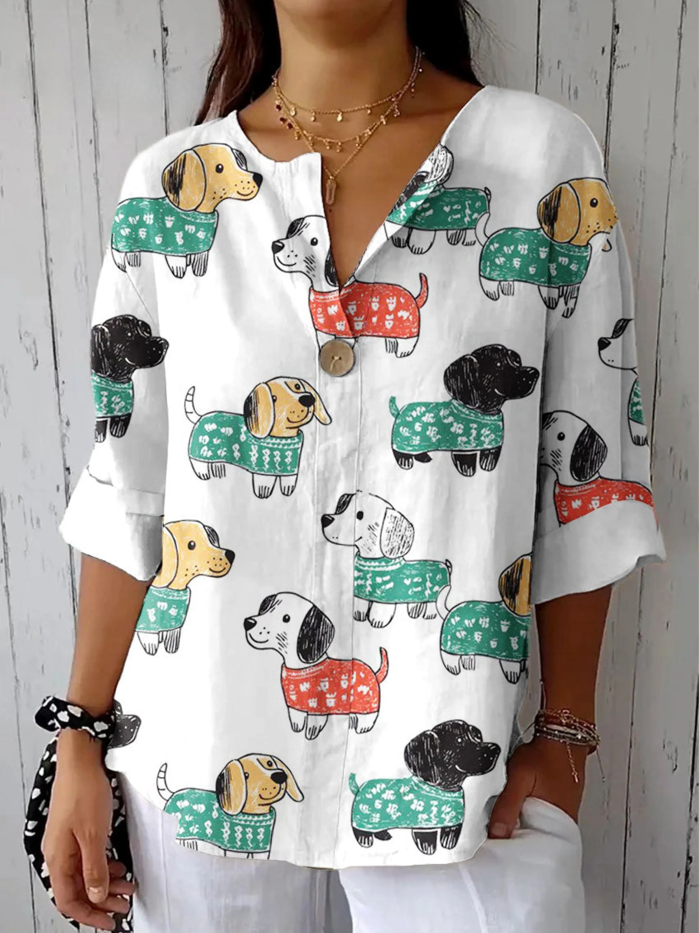 Women's Vintage Cute Dog Art Print Casual Shirt