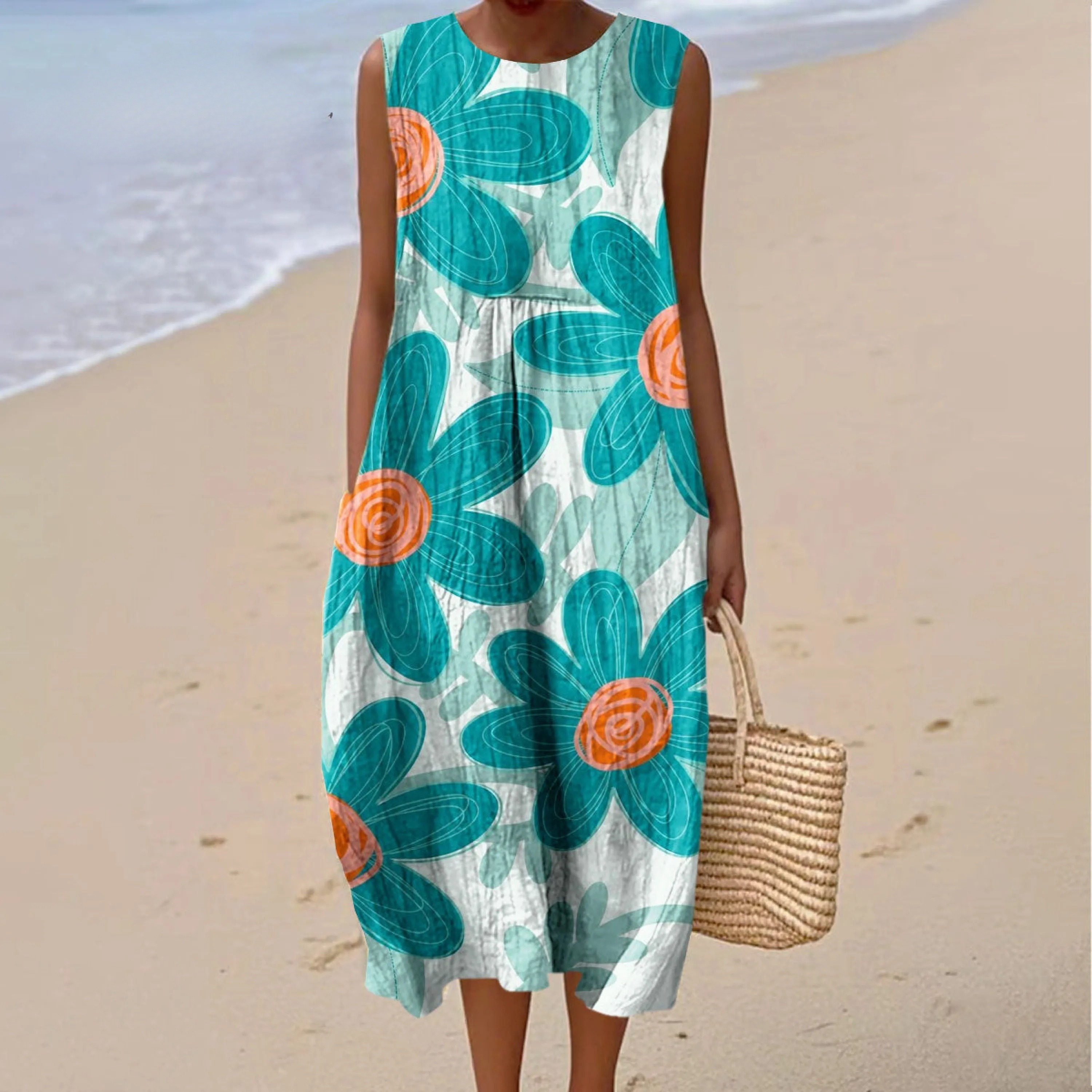 Women's Vintage Flowers Art Print Sleeveless Cotton Pocket Wrap Dress