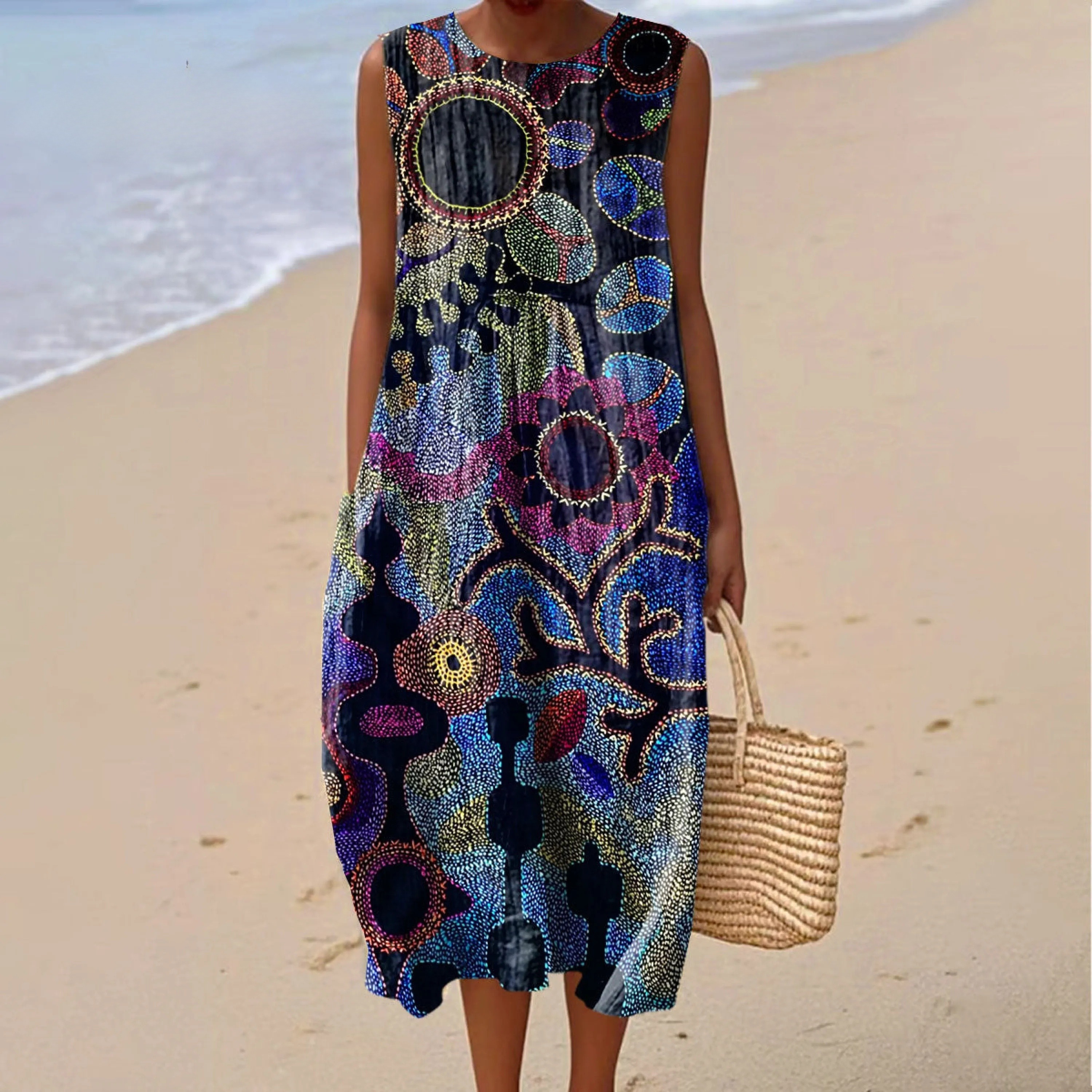 Women's Vintage Abstract Flower Art Print Sleeveless Cotton Pocket Wrap Dress