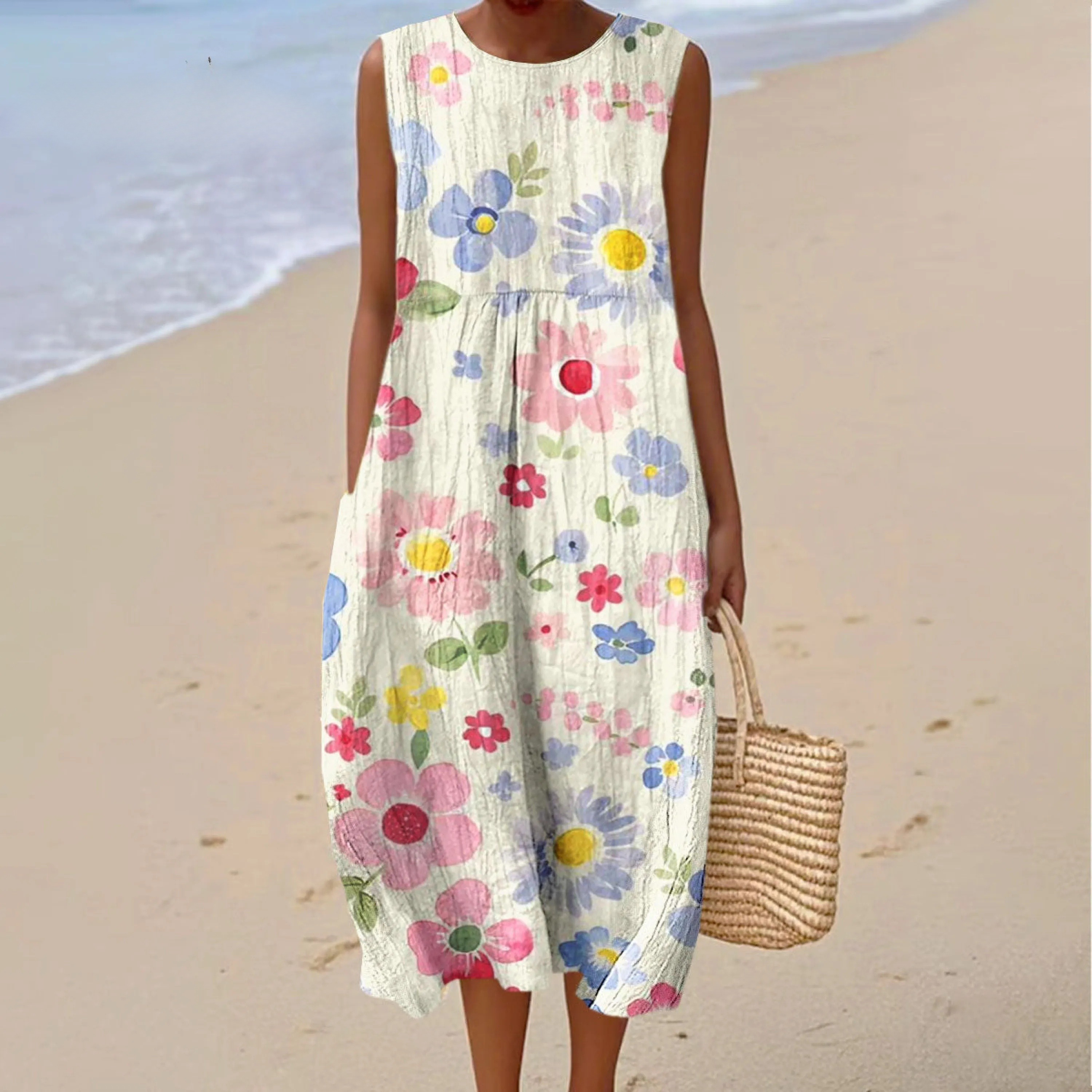 Women's Vintage Flower Art Print Sleeveless Cotton Pocket Wrap Dress