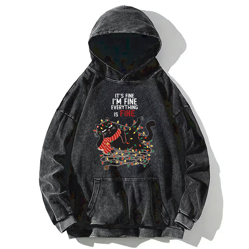 Christmas Is Fine Cat Washed Hoodie