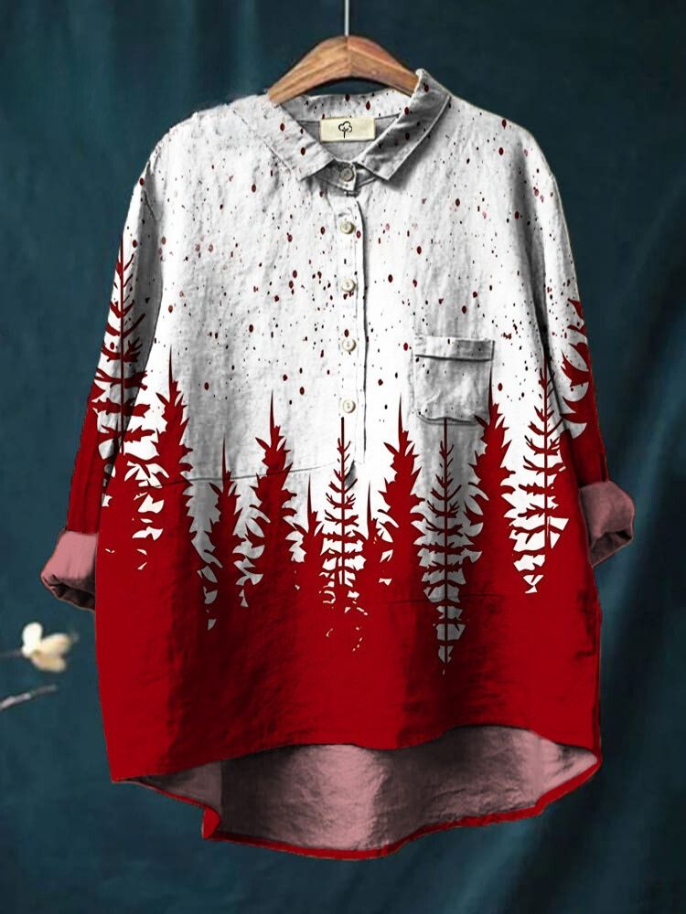 Red And White Christmas Tree Print Lantern Sleeve Shirt