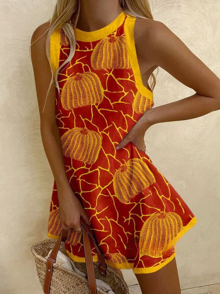 Golden Pumpkin Print Mini Dress