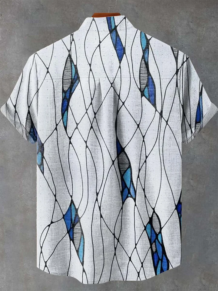 Striped Grid Geometric Art Print Casual Shirt