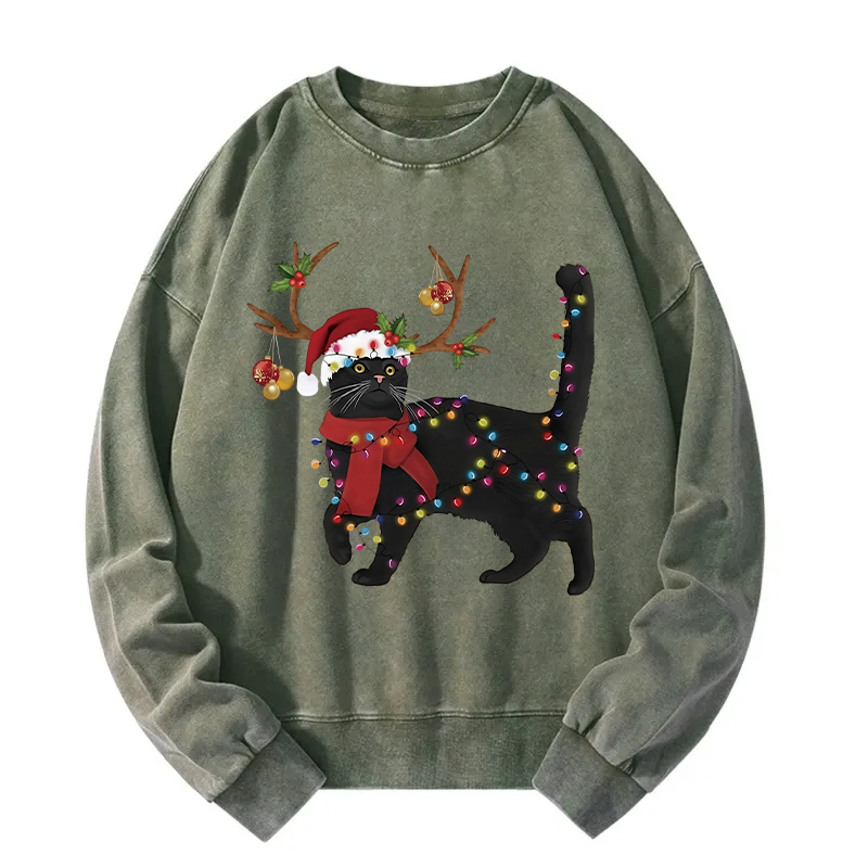Christmas Elk Cat Washed Sweatshirt