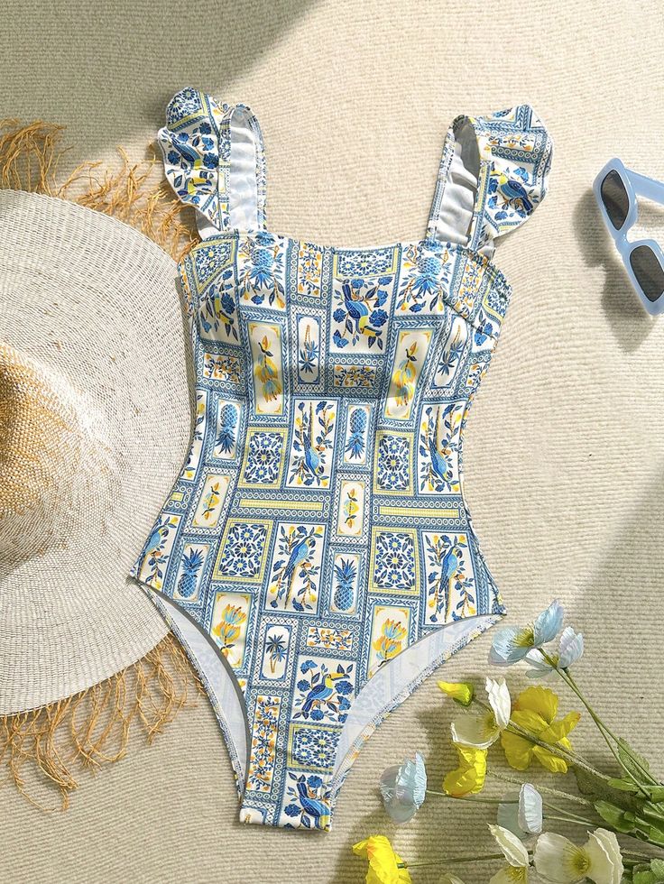 Colored Birds Printed One Piece Swimsuit