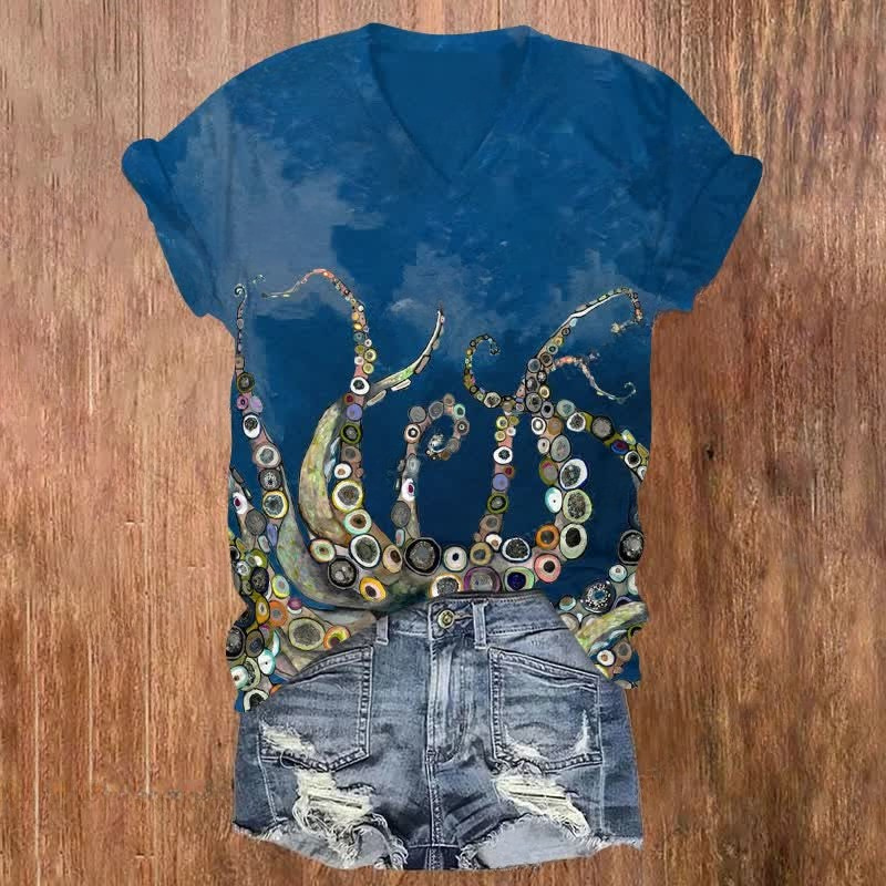 Colorful Octopus Oil Painting Print v-neck T-Shirt