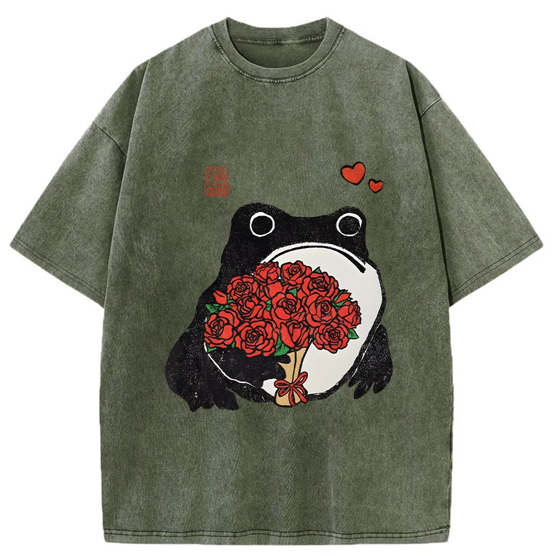 Romantic Frog Holding Roses Washed T-Shirt