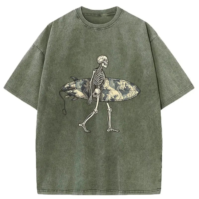   Skeleton Ready To Go Surfing Washed T-Shirt
