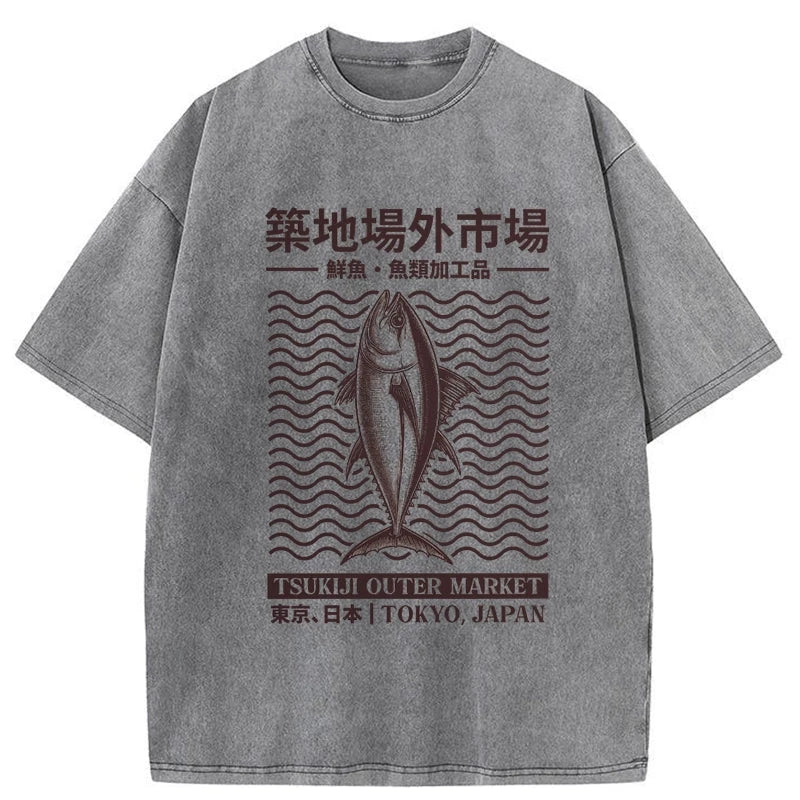 Wave Tokyo Tsukiji Fish Market Japan Washed T-Shirt