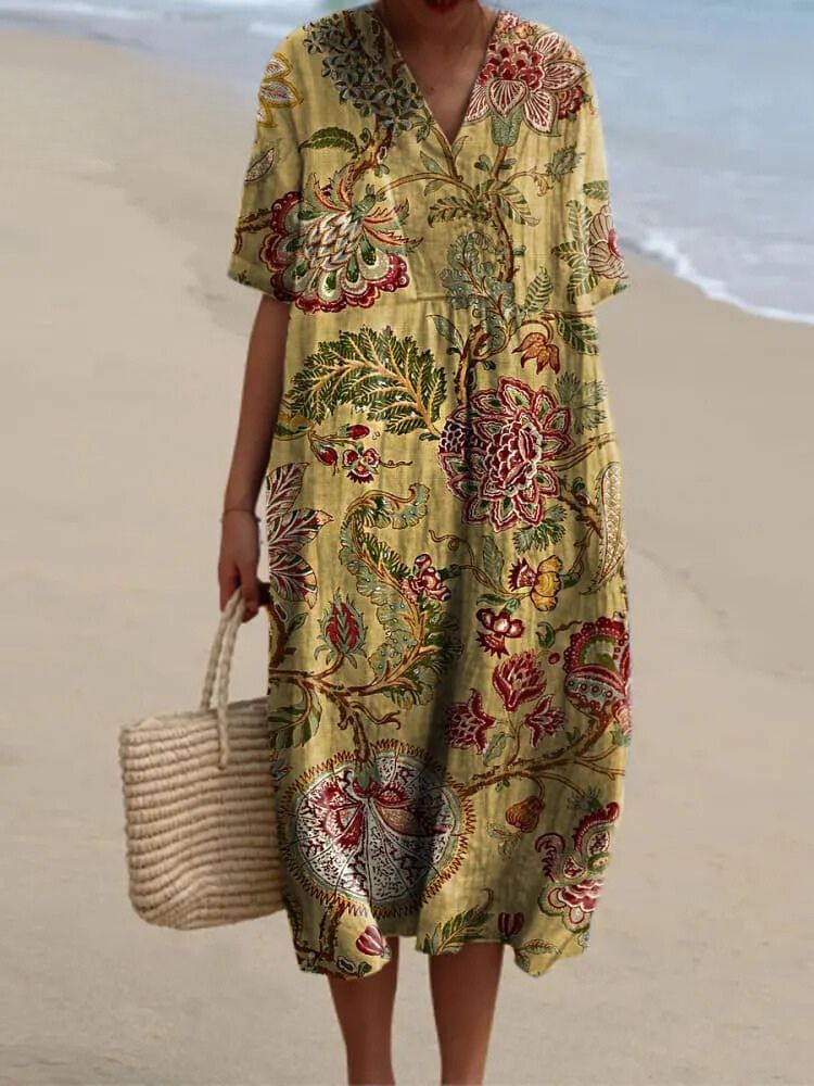 Vintage imprimé floral v-cou élégant et chic lâche robe courte midi