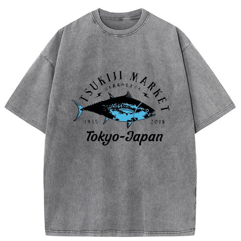 Tsukiji Fish Market Blue Fish Washed T-Shirt