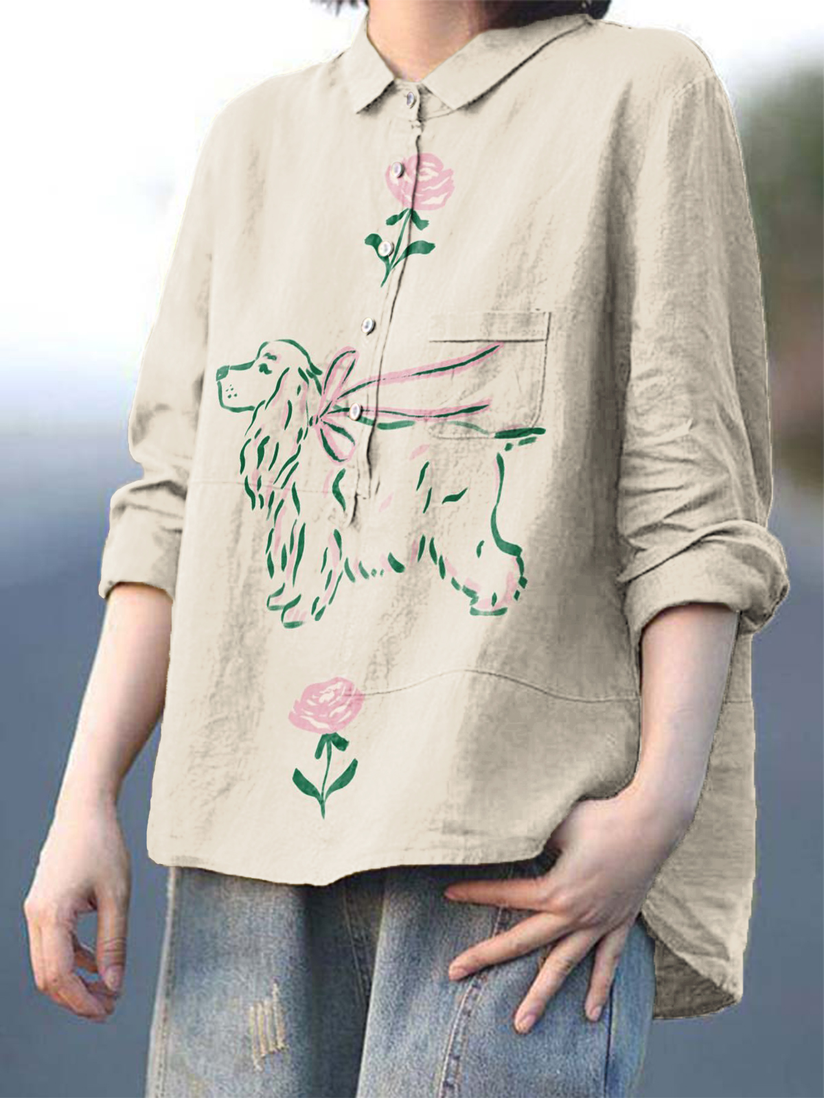 Women's Roses And Puppy Print Casual Cotton And Linen Shirt