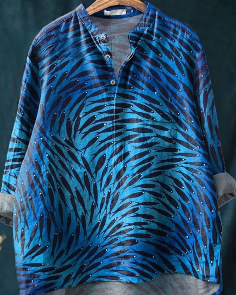 Sardine Fish Swarm Pattern Printed Women's Casual Long Sleeve Comfortable Cotton Shirt