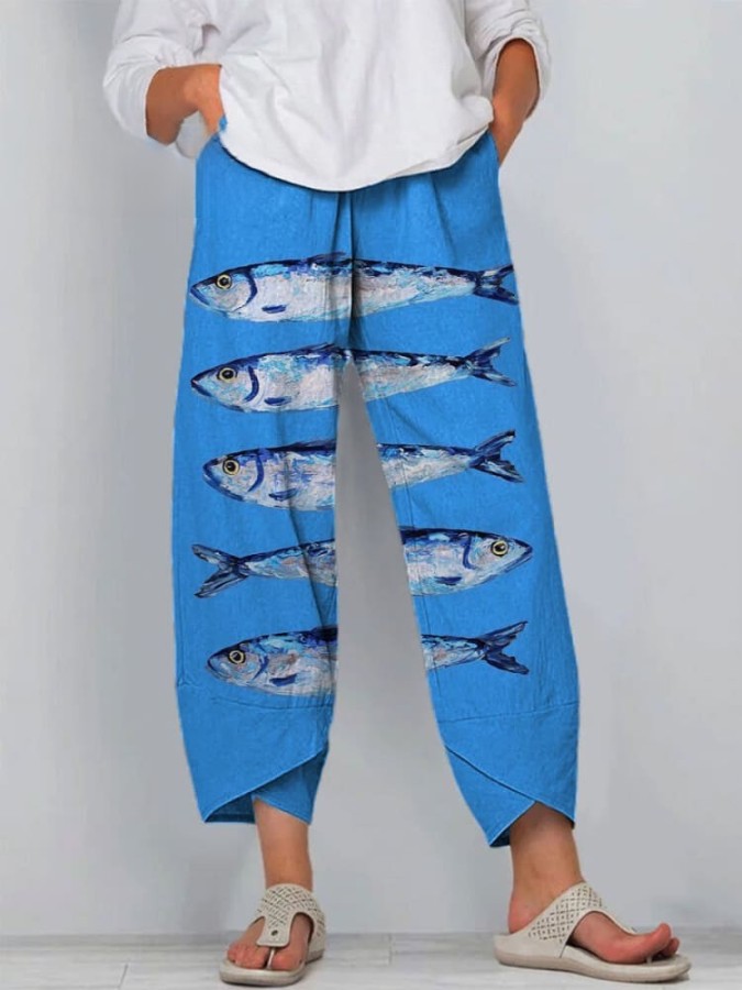 Women's Vintage Lovely Fish Art Printed Cotton And Linen Casual Pants