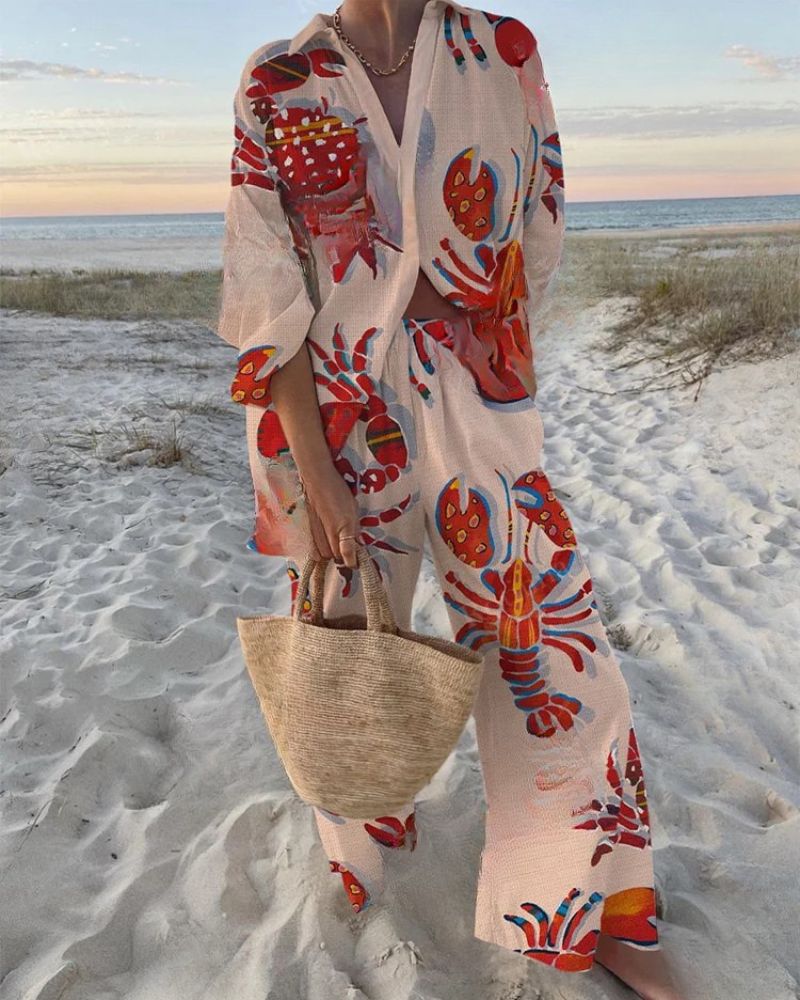 Crab Lobster Print Shirt & Pants Two-Piece Set