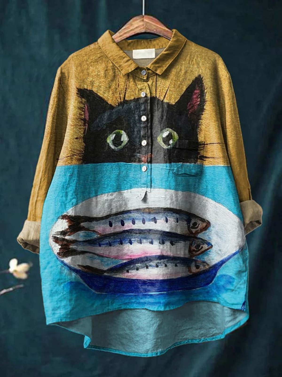 Decorative Pattern of Little Black Cat Peeking At The Fish On The Plate Casual Cotton And Linen Shirt