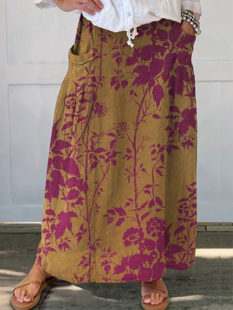 Women's  Floral Print Linen Pocket Skirt