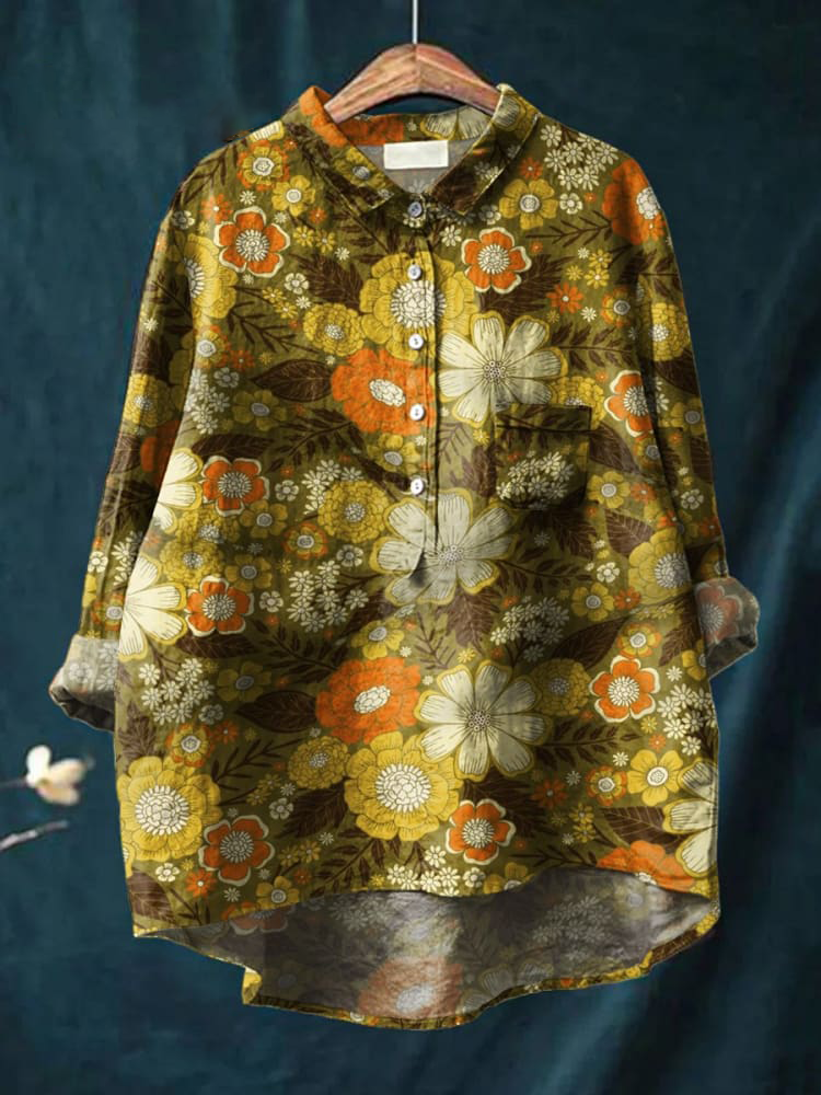 Women's Hippie Floral Art Print Casual Cotton And Linen Shirt