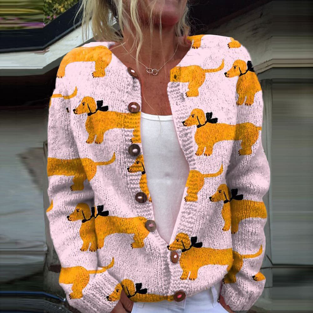 Dog Print Long Sleeve Casual Knitted Cardigan