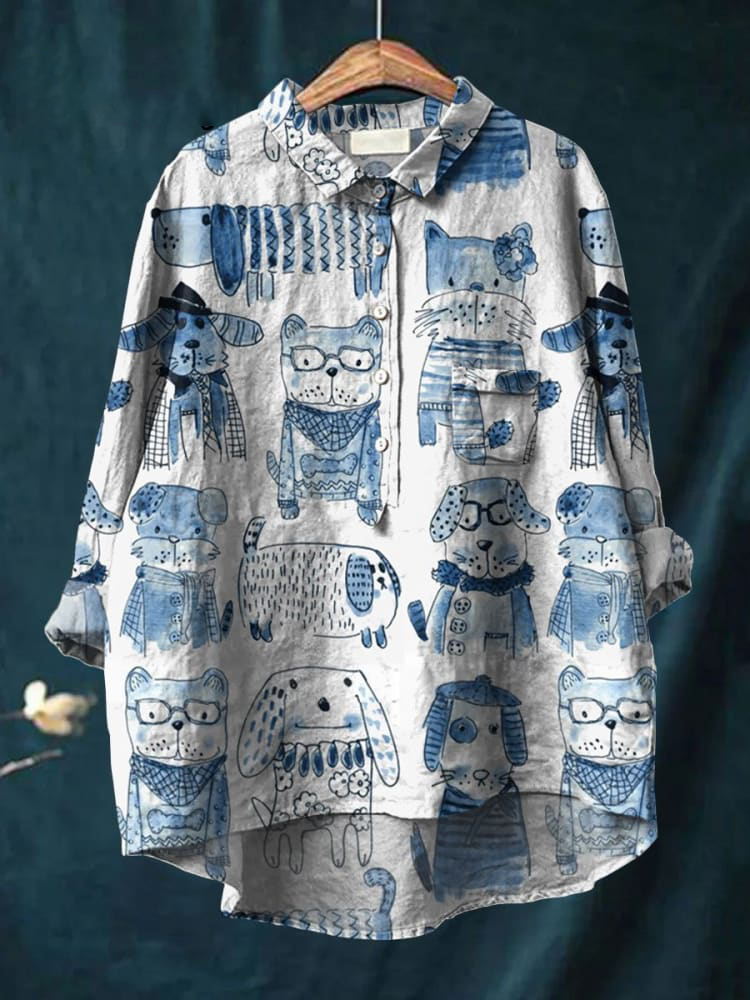 [Copy]Women's Cute Cat Art Print Casual Cotton And Linen Shirt