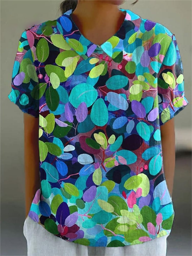 [Copy]Women's Flower Print Casual Cotton And Linen Shirt