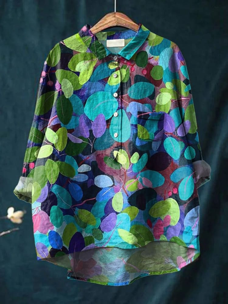 [Copy]Women's Flower Print Casual Cotton And Linen Shirt