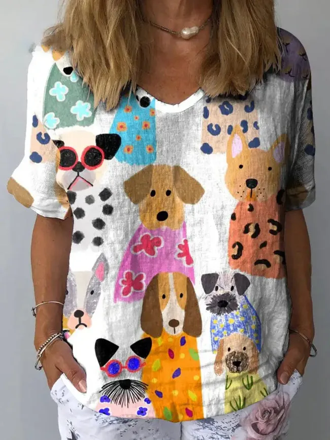 Women's  Funny Dog Art Print Casual Cotton Wide Leg Jumpsuit