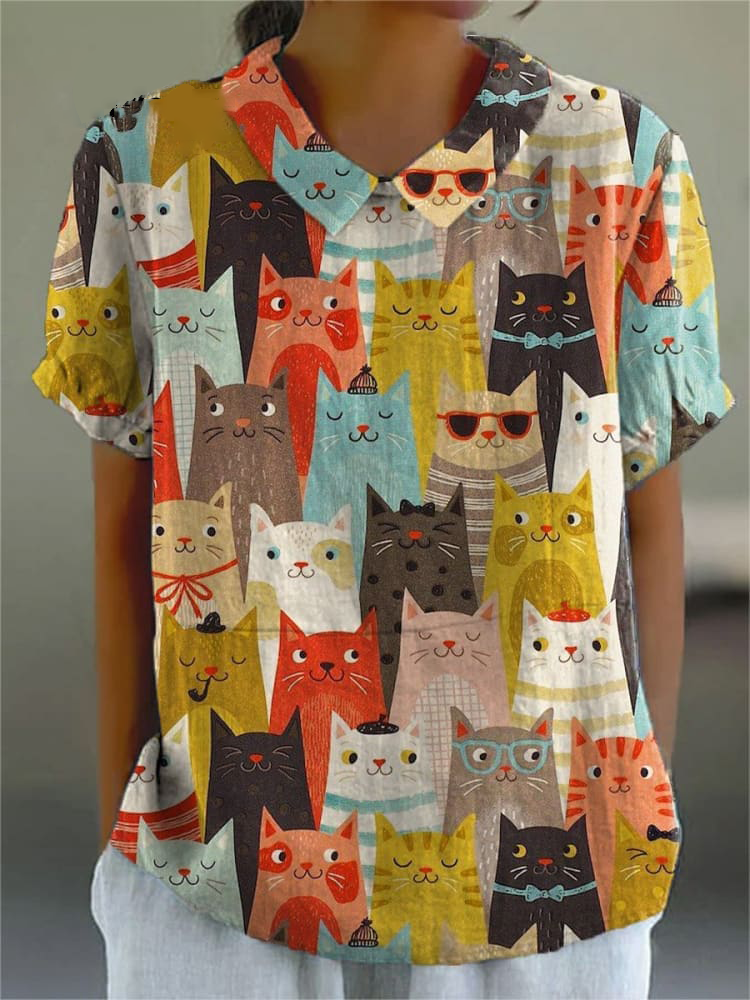 Vintage Lovely Cats Art Print Casual Cotton And Linen Shirt