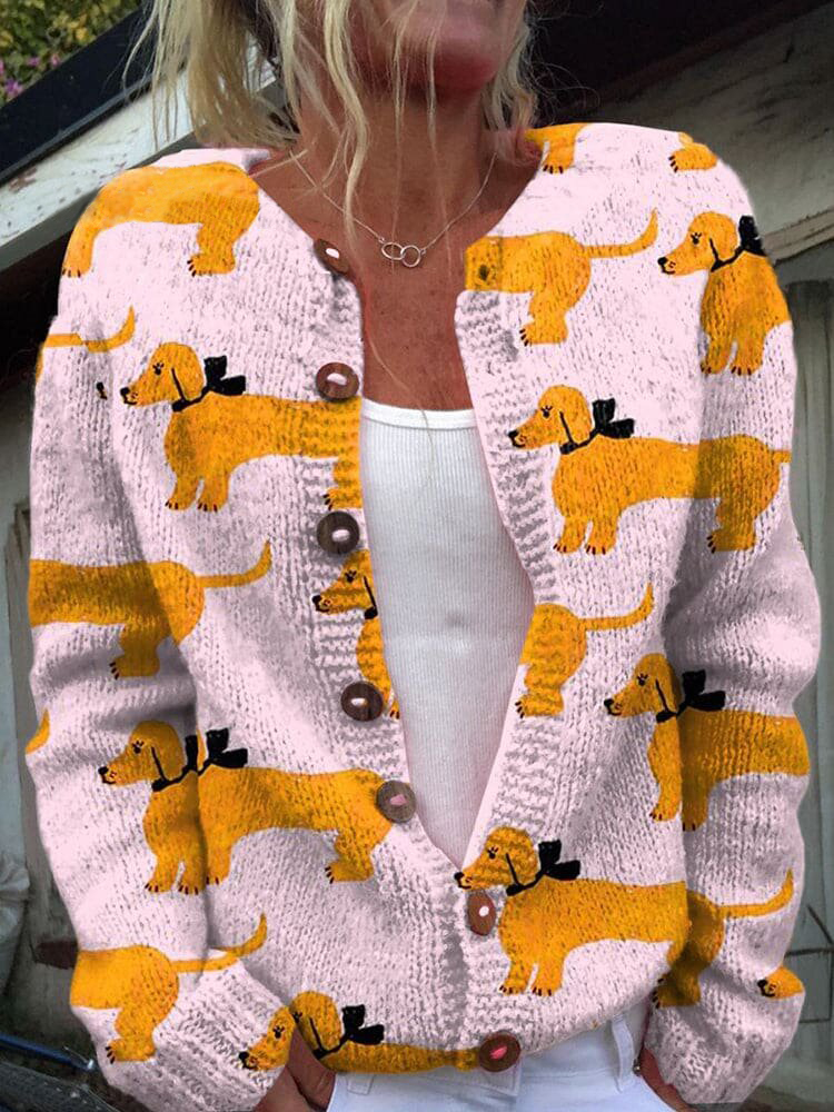 Dog Print Long Sleeve Casual Knitted Cardigan