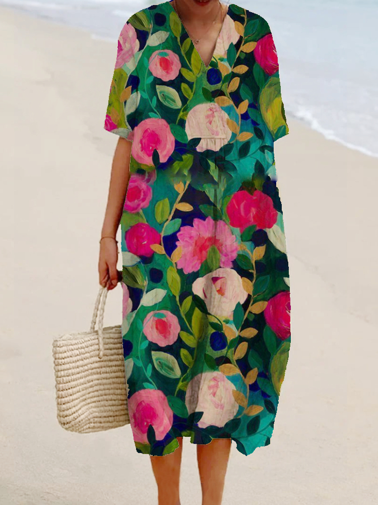 Women's Floral Print Casual Cotton And Linen Dress