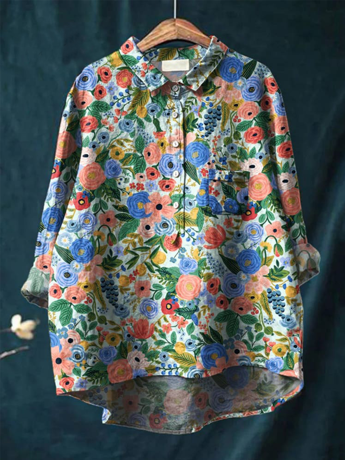 Women's Floral Art Print Casual Cotton And Linen Shirt