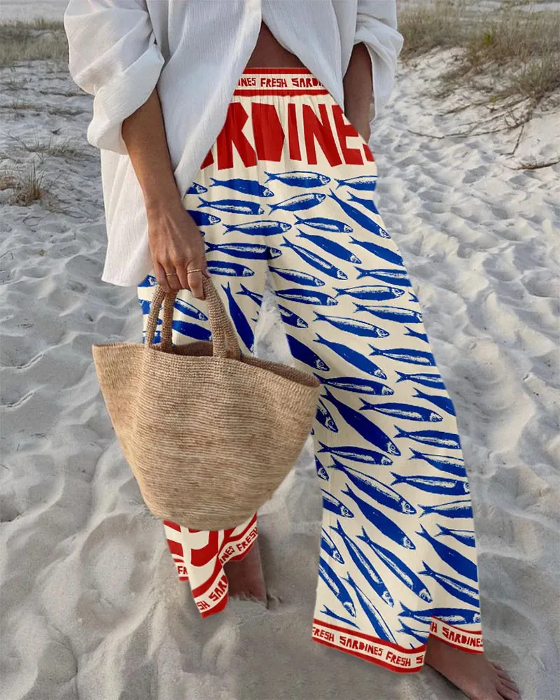 Women's Vintage Sardines Fish Art Print Casual   Shirt