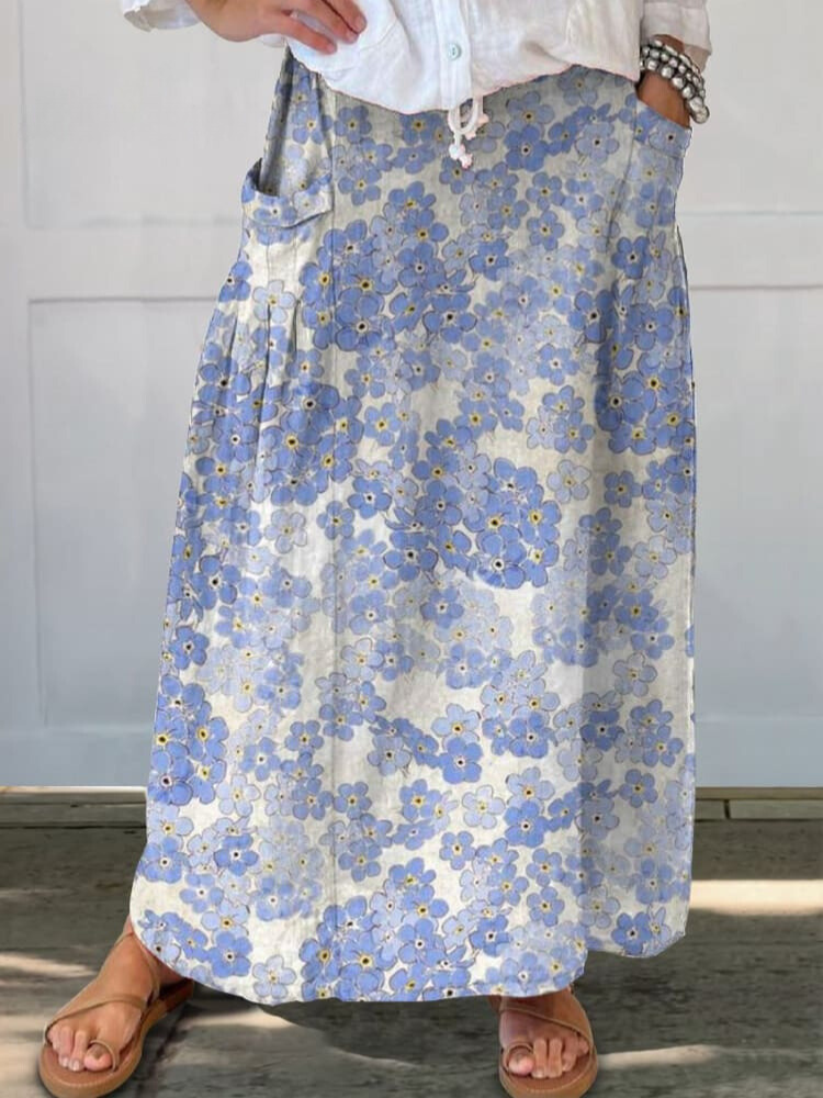 Small Floral Print In Blue Women's Linen Pocket Skirt