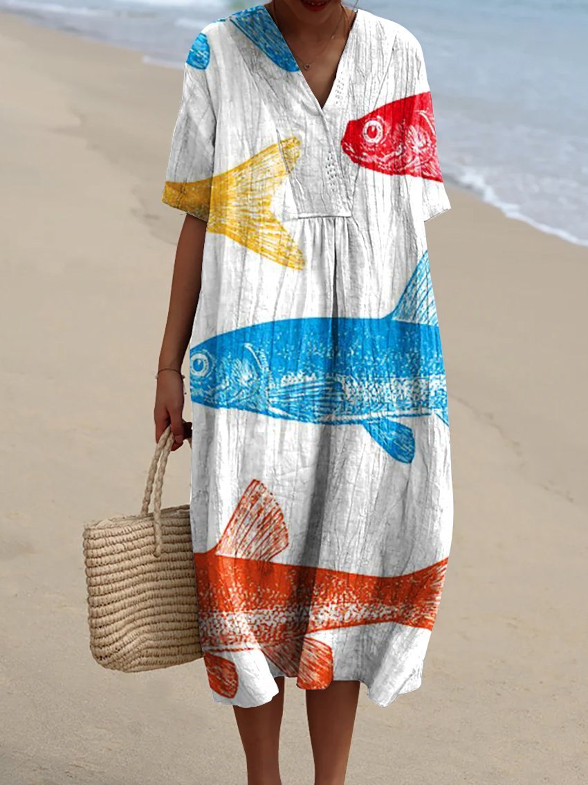 Women's Red, Yellow and Blue Fish Watercolor Splash Fluid Art Print Flowy Dress