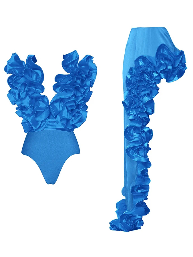 Frilled V Neck One Piece Swimsuit and Skirt