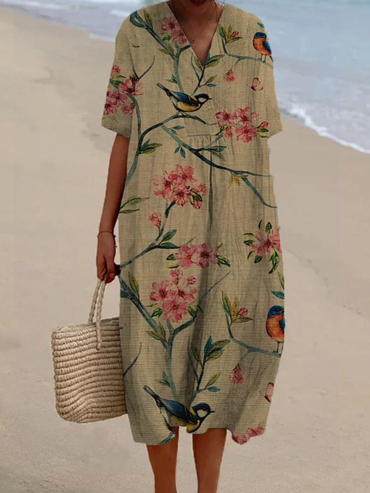Women's Birds Print Casual Cotton And Linen Dress