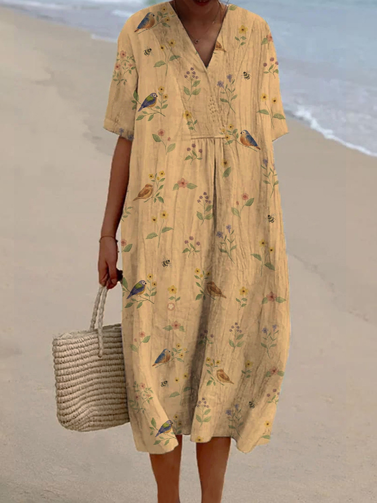 Women's Birds Floral Print Casual Cotton And Linen Dress