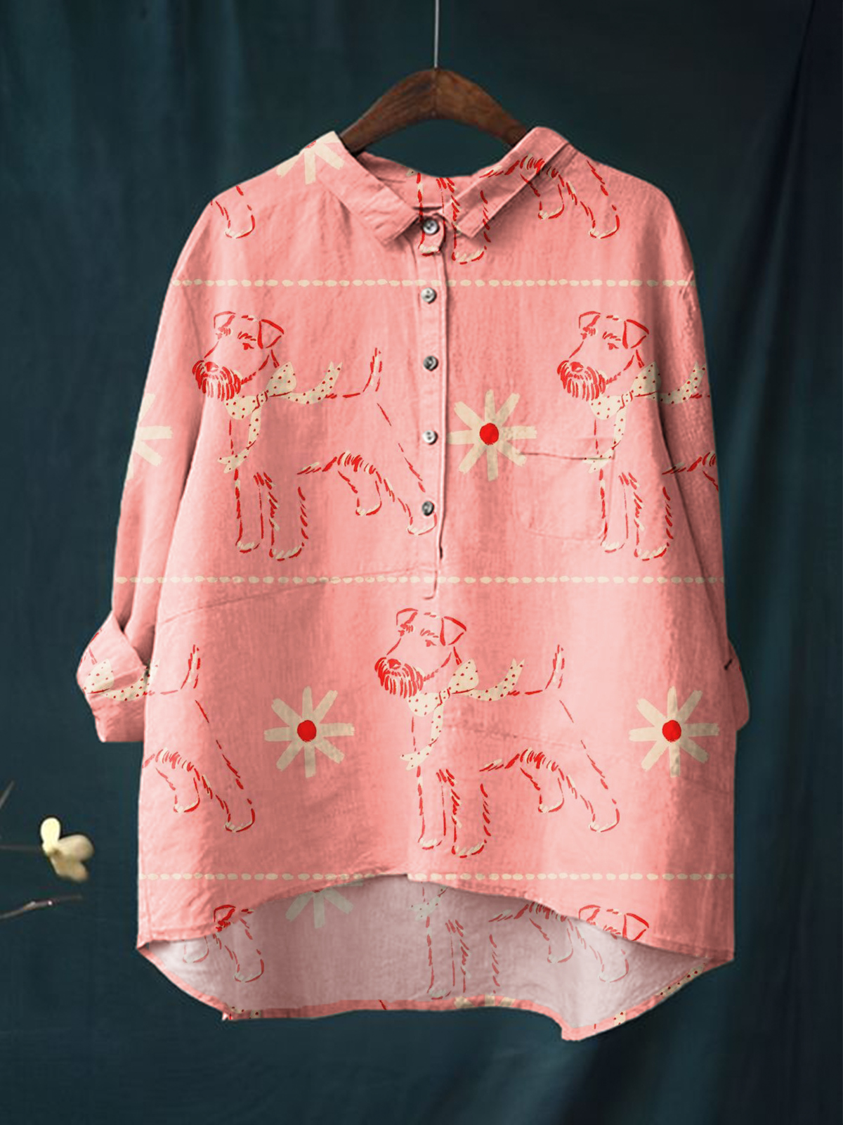 Women's Pink Puppy Print Casual Cotton And Linen Shirt