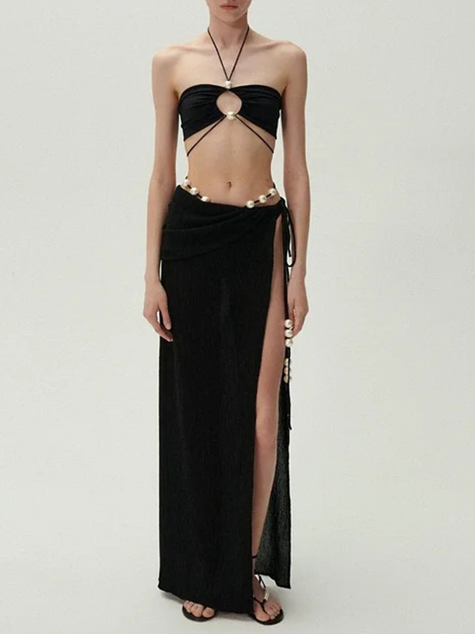 Halterneck Pearl Bandeau High Waist Bikini Swimsuit and Sarong